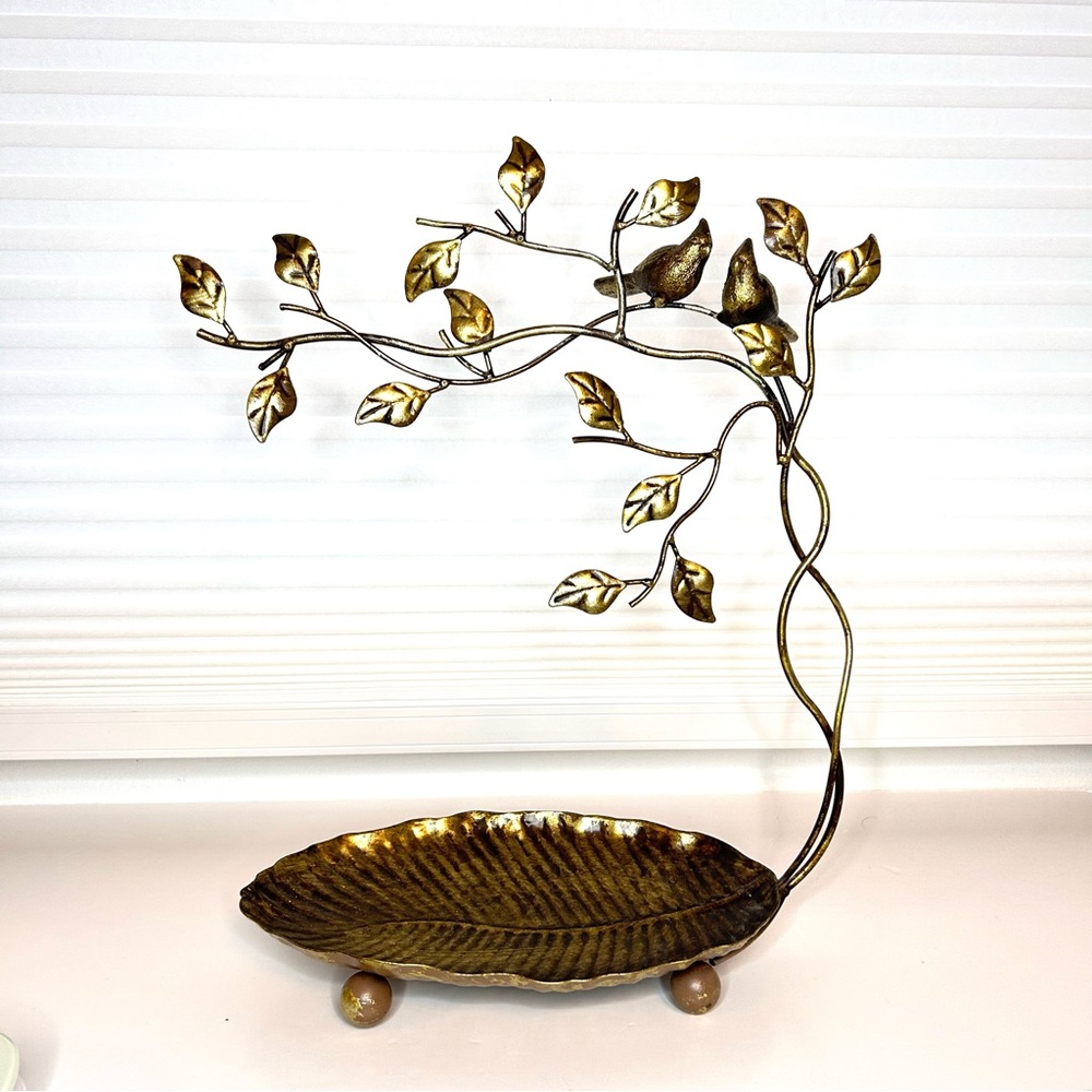 Gold Leaf and Bird Decorative Metal Wire Stand Dish Jewelry Organizer